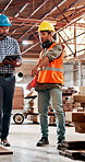 Businessmen, team or carpenter with tablet in warehouse for stock, inventory or safety inspection. Male people, employees or colleagues with supervisor for carpentry or furniture business in workshop