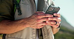 Hiking, outdoor or hands typing with phone for route information, navigation app and digital trail map. Location sharing, fitness or person check website for trekking direction, mobile or connection