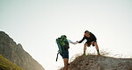 Climbing, help and friends with hiking, support and goals for challenge and environment or nature. Outdoor, endurance and people with low angle, view and trekking together for travel and hobby