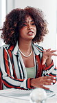 Creative, African woman and meeting in office for planning, headline feedback and media briefing. Female person, discussion or pitch for story ideas, proposal update and interview tips of publication