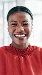 Fashion, face or black woman in office with laugh, experience or pride in style development. Smile, portrait or creative designer in agency with confidence, career or profession in clothing industry.