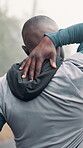 Fitness, back pain or man outdoor with massage, training accident or emergency in muscle tension. Sports, hurt or athlete in park with injury, spine strain and joint stiffness in workout issue.