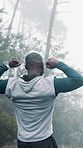 Back, running and black man with fitness, cheering and sports with workout, practice or success. African person, runner or athlete with cardio training, health or endurance with achievement and goals