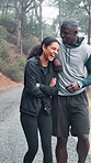 Walking, fitness and couple in street for exercise, cardio workout and funny chat on weekend. Happy, mountain and man with woman outdoor for wellness, laugh and conversation for bonding in mist