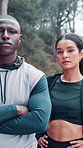 Face, outdoor and couple with fitness, training and serious with challenge, progress and exercise. Runners, man and woman with wellness, workout and practice with support, pride and bonding together