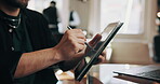 Man, hands and writing with tablet in workplace for online booking, calendar or planning for barbershop. Person, tech or digital note with stylus in hair salon for client schedule, admin or reminder.