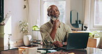 Man, thinking and decision in small business with laptop for research, idea and plan for barbershop. Mature black person, ponder and reflection in hair salon with computer, insight and contemplation.