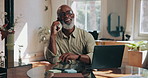 Happy man, tablet or laptop in small business with phone call, funny customer feedback or discussion. Mature black person, smile and contact client with tech for conversation, service review or joke.