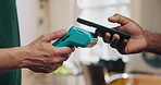 Men, hands or phone with POS machine for payment, fintech and wireless transaction in barbershop. People, tech or customer checkout in small business with internet banking, service tip or tap to pay.