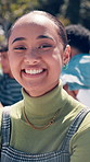 Student, happy and face of girl at college with pride for learning, education and scholarship. University, school and portrait of person on campus for study opportunity, knowledge and smile outdoor