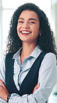 Face, woman and laugh in office with arms crossed for public relations, job offer and career growth. Confident, female person and smile in workplace for brand communication, development and about us.