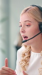 Woman, call center and talk with headset, explain and info with customer service job at office. Person, agent and consultant with voip microphone for advice, contact or help desk at insurance company
