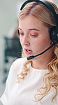 Woman, call center and talk with headset, consulting and customer support job at office. Person, agent and discussion with voip mic for advisory service, contact or help desk at insurance company