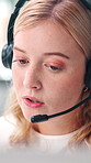 Woman, call center and discussion with headset, consulting and customer support job at office. Person, agent and talk with voip mic for advisory service, contact or help desk at insurance company