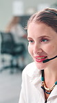 Headset, call center and business woman in office for online advice, customer support and consulting. Professional, corporate and person with mic for virtual assistance, communication and contact