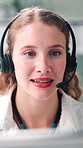 Headset, online and business woman in office for help desk, customer support and consulting. Professional, call center and person on computer for virtual assistance, communication and contact us