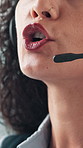 Mouth, call center and discussion with headset, contact and customer support job at office. Person, agent and consultant with voip mic for advisory services, talk or help desk at finance company