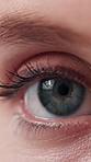 Face, woman or eye in closeup for optometry exam, disease detection or opthalmology evaluation. Person, eyesight or vision with cornea scan, cataract assessment or glaucoma test results for wellness.
