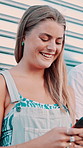 Funny, phone and text message with woman outdoor for reaction to meme or social media post. App, break and laughing with happy person typing on mobile for browsing, communication or connection