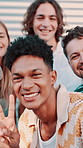 Face, friends outdoor or selfie with peace sign for social media post, bonding together or good memory. Happy people, v symbol or reunion with phone in city for photography, networking or mobile app.