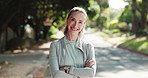 Happy woman, face or fitness with confidence in neighborhood street for health and wellness. Portrait, active or female person with smile or arms crossed for physical activity or balance in town