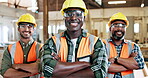 Face, carpenters and group with arms crossed, happy or confident for furniture production in factory. People, smile and pride for woodwork, manufacturing and career development in small business