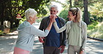 Personal trainer, high five and support with elderly people in park for mobility training, health or workout team. Friends, success and female fitness coach with senior couple in nature for exercise