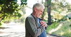 Fitness, senior man and heart attack outdoor, chest pain and health emergency. Cardiovascular injury, sore and old person with medical risk, cardiac arrest and problem with exercise in retirement