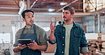 Carpentry, men or walking with tablet in workshop for project update, manufacturing or compliance. Carpenter, inspector and feedback with tech in warehouse for furniture production or quality control