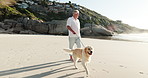 Summer holiday, old man and walk on beach with dog for companionship, wellness or retirement activity. Vacation, elderly person and golden retriever stroll by ocean for mobility, exercise or loyalty.