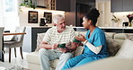 Happy, old man and caregiver with coffee in lounge, laugh and conversation on break in nursing home. Assisted living, nurse and talking with elderly patient, retirement and people with warm beverage