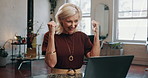 Mature woman, winning and success with laptop for good news or small business in beauty salon. Female person, entrepreneur or hairdresser with smile on computer for achievement or bonus in parlor