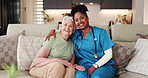 Face, nurse and hug old woman in home with smile, medical support and assisted living. Portrait, healthcare worker and embrace with senior person for trust, elderly assistance and happy on retirement