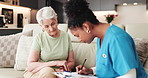 Oximeter, old woman and nurse in home for writing on clipboard, lung wellness or test. Caregiver, elderly person or blood oxygen exam for pulse, healthcare checklist and medical results with document