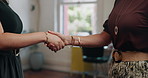 Women, interview or hairdresser with handshake for hiring, onboarding or thank you in parlor. Closeup, female people or shaking hands with job opportunity for career or recruiting in beauty salon