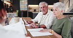 Senior couple, home and financial advisor with paperwork for investment, budget or mortgage. Elderly woman, man and discussion with consultant for retirement document, insurance and pension annuity