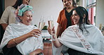Celebration, haircut or toast with bride and old woman in salon together for marriage preparation. Champagne, cheers or hairstyling with happy person and mother in law drinking alcohol at hairdresser