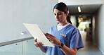 Nurse, documents and research with woman in hospital for treatment plan, patient history or medical report. Healthcare results, insurance paperwork or checkup records with person for doctor referral
