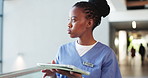 Planning, nurse and black woman with tablet in clinic for research, healthcare decision or solution. Thinking, person and medical worker with technology in hospital, telehealth idea or scroll email