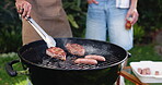 Barbecue, cooking and hands with people in backyard of home for reunion or social gathering. Food, meal preparation and tongs with bbq meat on grill for cookout, get together or hangout outdoor