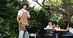 Cheers, bbq and beer with face of man in party for cooking, celebration and social reunion. Barbecue, alcohol drink and toast with person and grill in nature for cookout event, holiday and food
