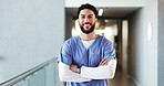 Face, man and nurse in hospital with arms crossed for job opportunity, medical compliance or patient care. Confident, person and employee smile for career growth, ambition and healthcare regulations.