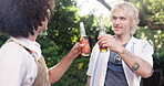 Cheers, celebration and beer with friends and bbq for party, cooking and social reunion. Barbecue, alcohol drink and toast with people and grill food in nature for cookout event, holiday and help