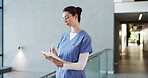 Nurse, folder and reading with woman in hospital for patient history portfolio, medical report and planning. Surgery schedule, checklist and healthcare diagnosis with person and documents in clinic