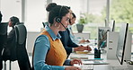 Business woman, consultant and computer with headset in office for customer service or response. Female person, agent or typing with mic for virtual assistance, support or help in call center agency