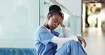 Medical, grief or black woman in hospital with thinking, patient loss or bad news in surgery result. Healthcare, reflection or nurse in clinic with guilt, operation mistake or worry in emergency case