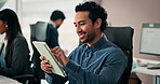 Smile, tablet and business man in office for research, scroll email or schedule post for campaign. Technology, social media marketer and person in workplace to review ads, online update or coworking