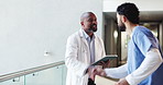 Doctors, handshake and men with file, hospital and preparing for medical procedure with information. Clinic, surgeon and advice for treatment plan with patient report, shaking hands and collaboration