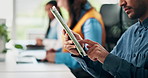 Hands, tablet and business person in office for research, scroll email or schedule post for campaign. Technology, social media marketer and man in workplace to review ads, typing report or coworking