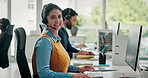 Telemarketing, happy woman and staff in contact center with technology, customer service or about us. Professional, lead generation and people with headset for networking in office, pc or sales pitch